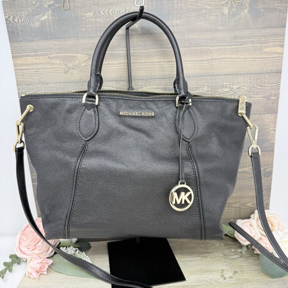 Michael Kors Sierra Large Black Pebbled Leather Satchel Purse Shoulder Bag